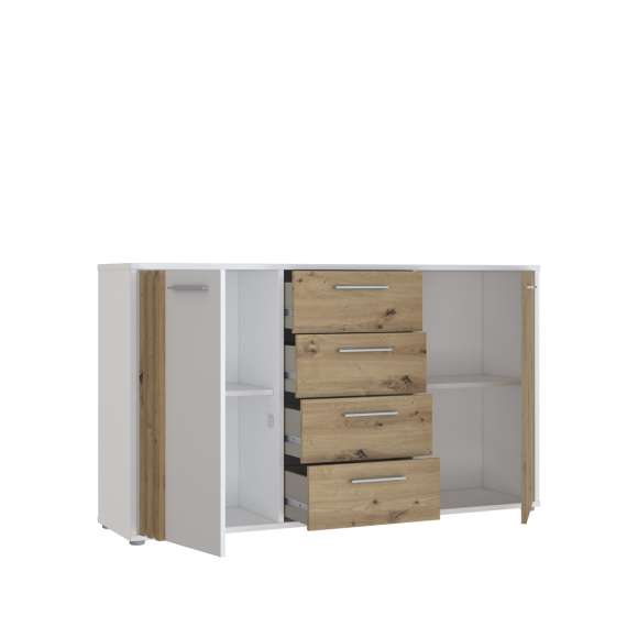 Skjenk CARDIGAN - 143x82 cm - eik artisan - hvit matt - 2 dører - 4 skuffer