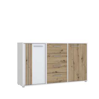 Skjenk CARDIGAN - 143x82 cm - eik artisan - hvit matt - 2 dører - 4 skuffer