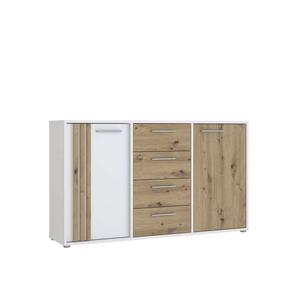 Skjenk CARDIGAN - 143x82 cm - eik artisan - hvit matt - 2 dører - 4 skuffer