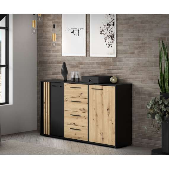 Skjenk CARDIGAN - 143x82 cm - eik artisan - svart matt - 2 dører - 4 skuffer