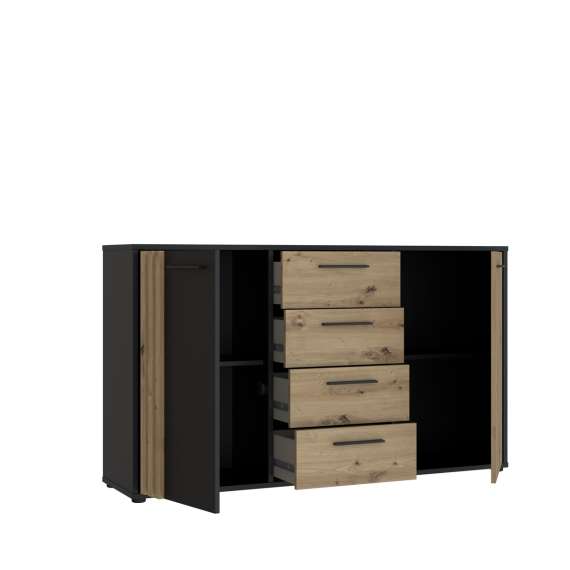 Skjenk CARDIGAN - 143x82 cm - eik artisan - svart matt - 2 dører - 4 skuffer