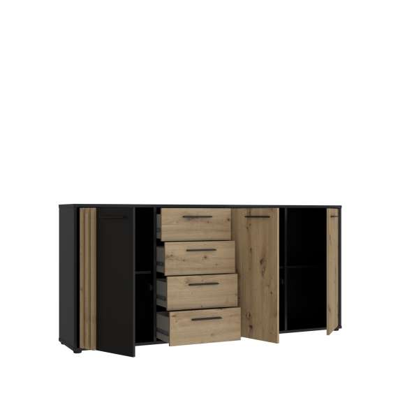 Skjenk CARDIGAN - 180x82 cm - eik artisan - svart matt - 3 dører - 4 skuffer