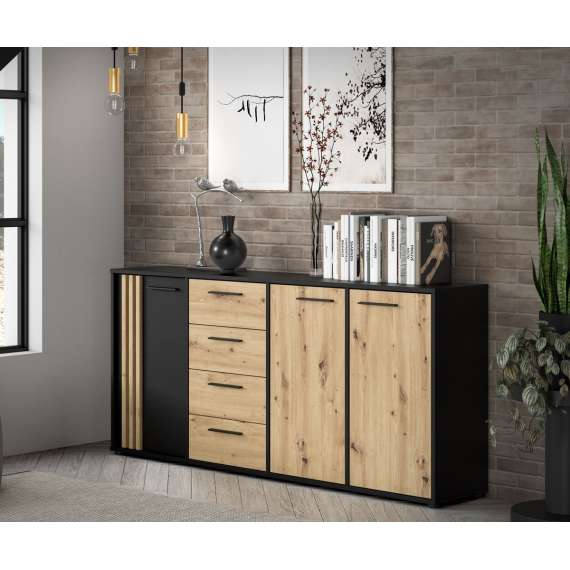 Skjenk CARDIGAN - 180x82 cm - eik artisan - svart matt - 3 dører - 4 skuffer