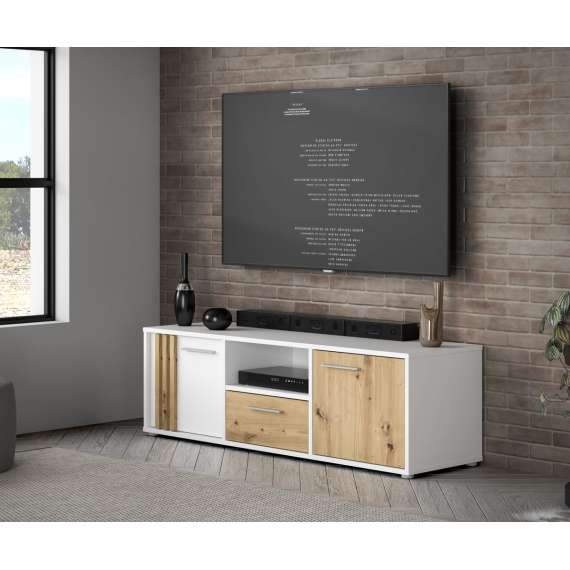 Tv-benk CARDIGAN - 143x44 cm - eik artisan - hvit matt - 2 dører - 1 skuff