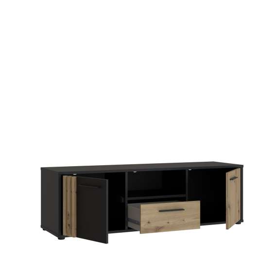 Tv-benk CARDIGAN - 143x44 cm - eik artisan - svart matt - 2 dører - 1 skuff