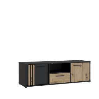 Tv-benk CARDIGAN - 143x44 cm - eik artisan - svart matt - 2 dører - 1 skuff