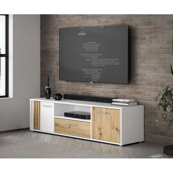 Tv-benk CARDIGAN - 163x44 cm - eik artisan - hvit matt - 2 dører - 1 skuff