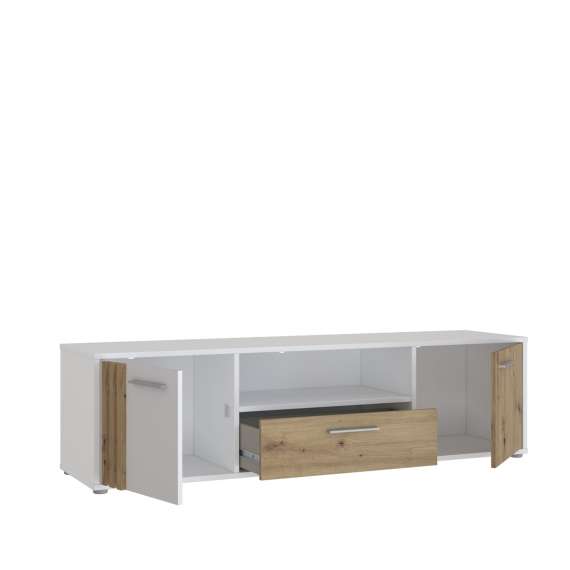 Tv-benk CARDIGAN - 163x44 cm - eik artisan - hvit matt - 2 dører - 1 skuff