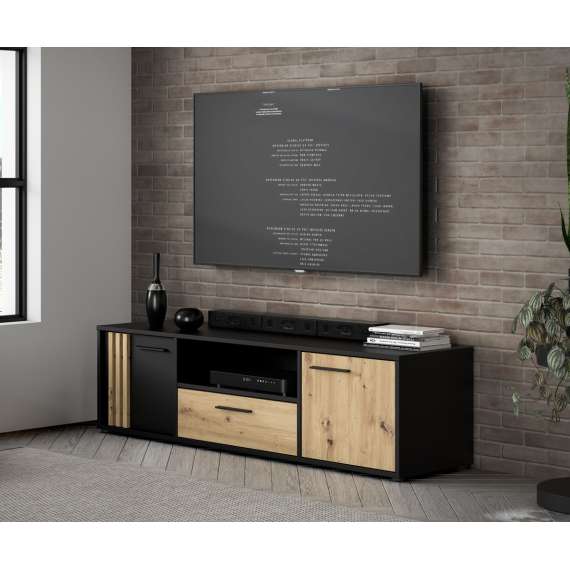 Tv-benk CARDIGAN - 163x44 cm - eik artisan - svart matt - 2 dører - 1 skuff