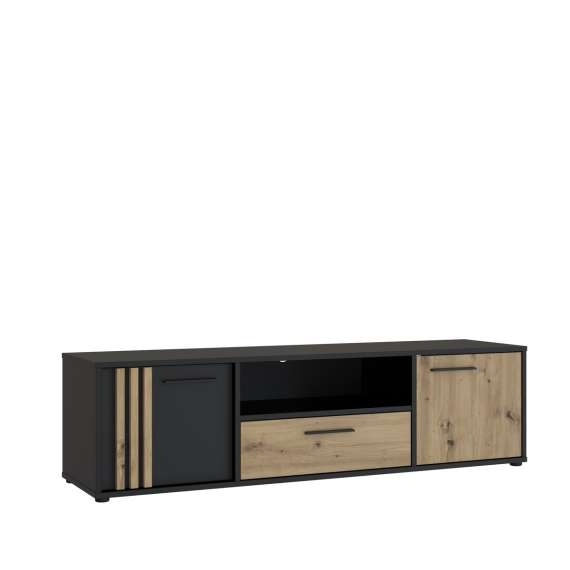 Tv-benk CARDIGAN - 163x44 cm - eik artisan - svart matt - 2 dører - 1 skuff