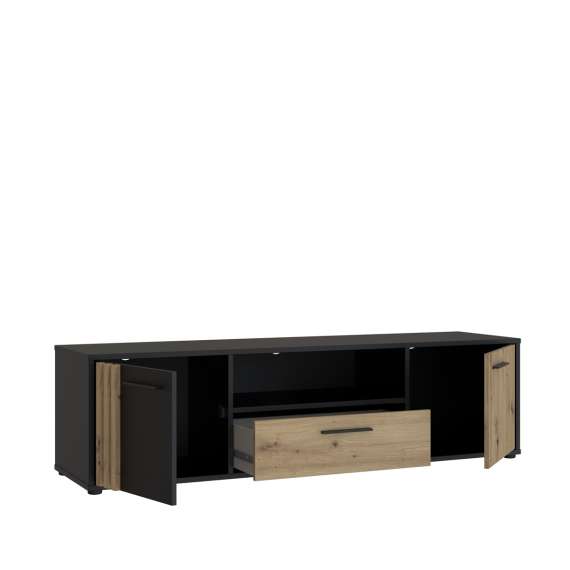 Tv-benk CARDIGAN - 163x44 cm - eik artisan - svart matt - 2 dører - 1 skuff