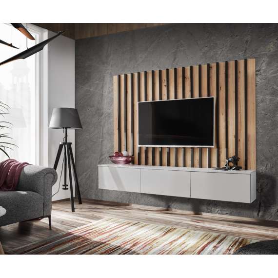 Vegghengt tv-benk Verti II 180 cm - eik artisan - perle grå - spiler