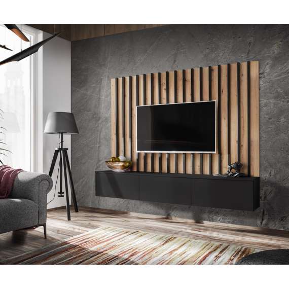 Vegghengt tv-benk Verti II 180 cm - eik artisan - svart matt - spiler