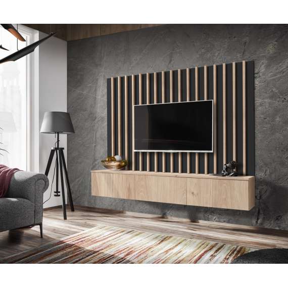 Vegghengt tv-benk Verti II 180 cm - eik hickory - svart matt - spiler