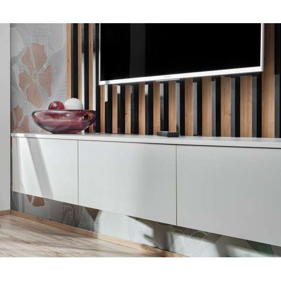 Vegghengt tv-benk Verti II 180 cm - eik hickory - svart matt - spiler