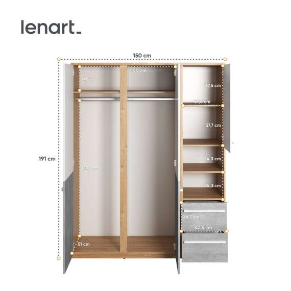 Garderobeskap Plano 150x191 cm - 3 dører - 2 skuffer