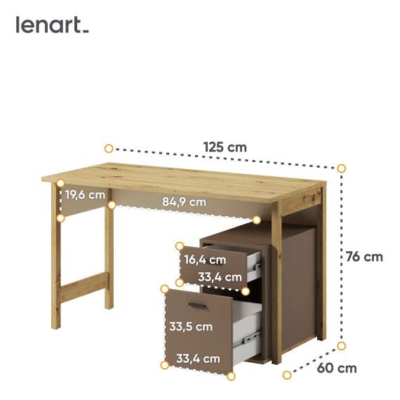 Skrivebord Lenny 125x60 cm - med skap og skuff