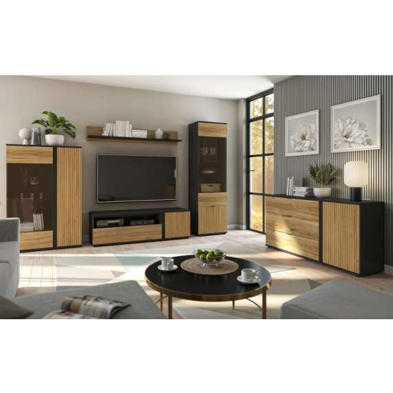 Tv-benk LUEN - 155x47 cm - eik - svart matt - 1 dør - 1 skuff