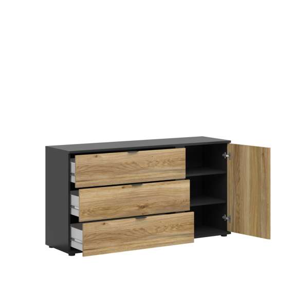 Skjenk LUEN - 143x76 cm - eik - svart matt - 1 dør - 3 skuffer