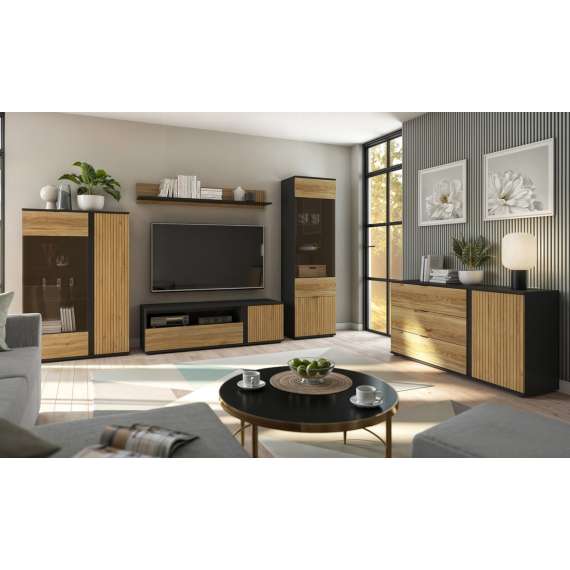 Vitrineskap LUEN - 70x196 cm - eik - svart matt - 3 dører