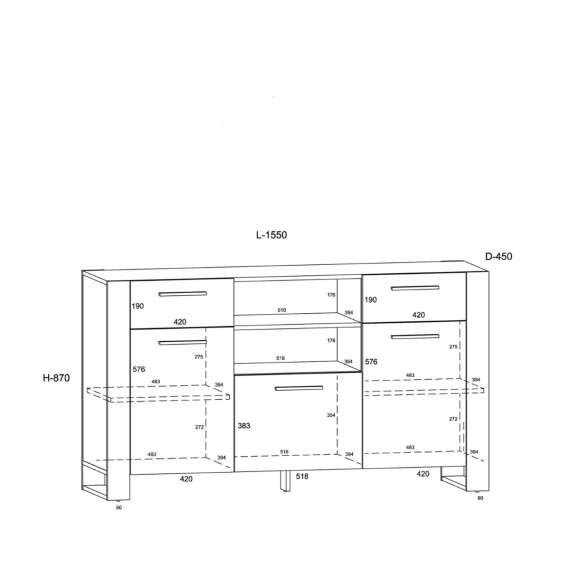 Skjenk NUKA 155x87 cm - eik grange - 3 dører - 2 skuffer
