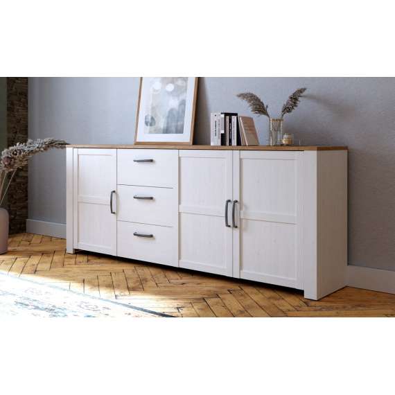 Skjenk Chisbury 221x87 cm - lerk sibu - eik riviera - 3 dører - 3 skuffer