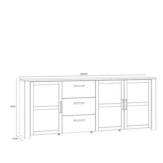 Skjenk Chisbury 221x87 cm - lerk sibu - eik riviera - 3 dører - 3 skuffer
