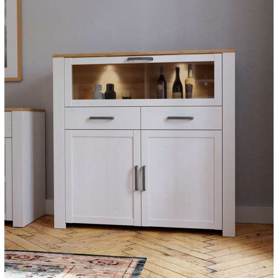 Vitrineskap Chisbury 126x125 cm - lerk sibu - eik riviera - 3 dører - 2 skuffer