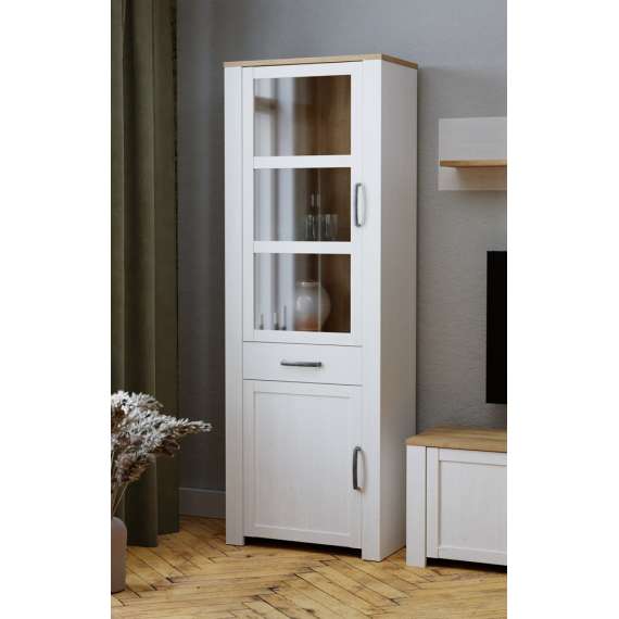 Vitrineskap Chisbury 72x205 cm - lerk sibu - eik riviera - 3 dører - 1 skuff