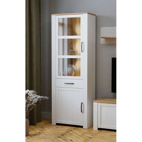 Vitrineskap Chisbury 72x205 cm - lerk sibu - eik riviera - 3 dører - 1 skuff