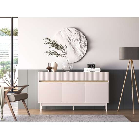 Skjenk Dunea 154x85 cm - cashmere - eik cremona - 3 skuffer - 3 dører