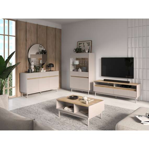 Vitrineskap Dunea 156x92 cm - cashmere - eik cremona - 4 dører