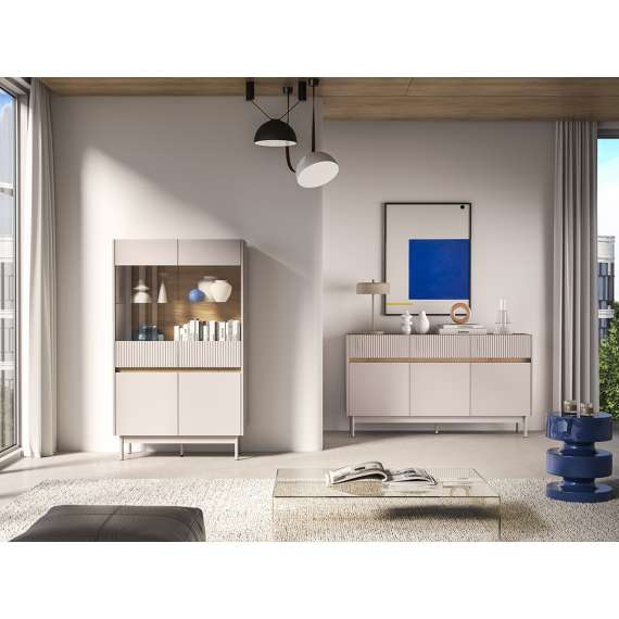 Vitrineskap Dunea 156x92 cm - cashmere - eik cremona - 4 dører