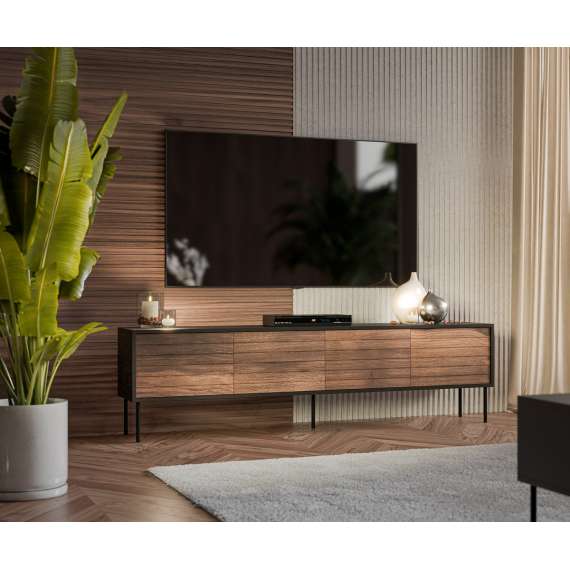 Tv-benk Cortina 200x55cm - svart matt - valnøtt - 4 dører