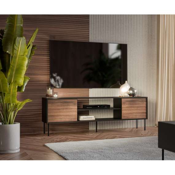 Tv-benk Cortina 180x60cm - svart matt - valnøtt - 2 dører