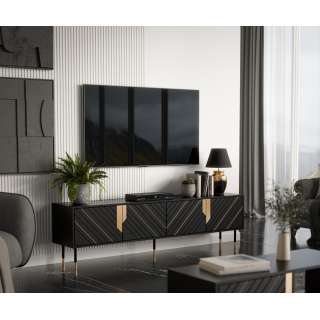 Tv-benk MOUNTAIN 200x55cm - svart matt - gul detaljer - 4 dører