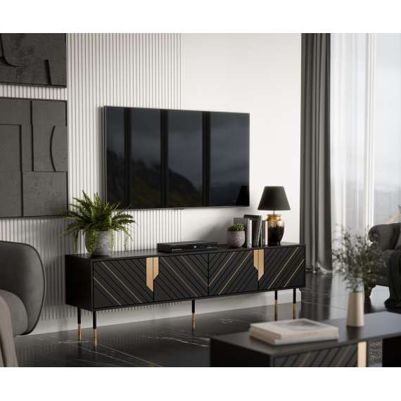 Tv-benk MOUNTAIN 200x55cm - svart matt - gul detaljer - 4 dører