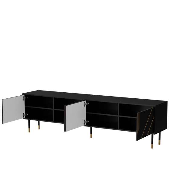 Tv-benk MOUNTAIN 200x55cm - svart matt - gul detaljer - 4 dører