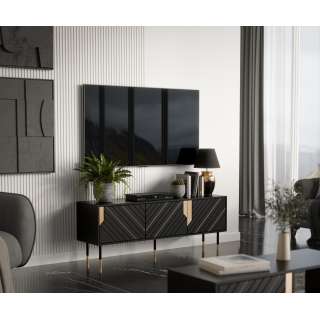 Tv-benk MOUNTAIN 150x55cm - svart matt - gul detaljer - 3 dører