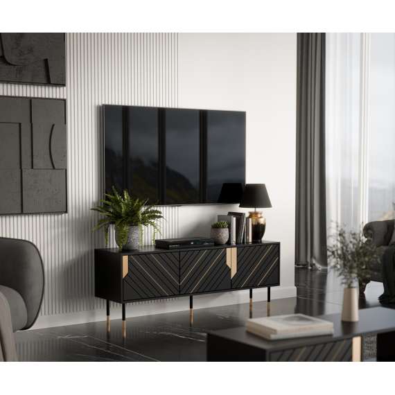 Tv-benk MOUNTAIN 150x55cm - svart matt - gul detaljer - 3 dører