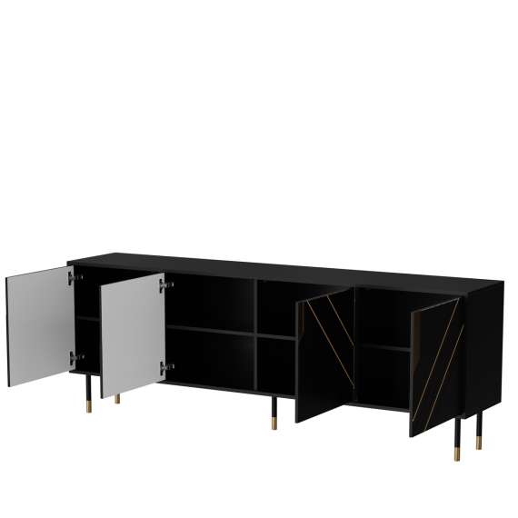 Tv-benk MOUNTAIN 150x55cm - svart matt - gul detaljer - 3 dører