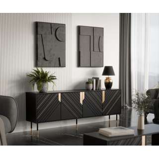 Skjenk MOUNTAIN 200x72cm - svart matt - gul detaljer - 4 dører