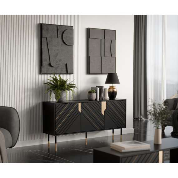 Skjenk MOUNTAIN 150x72cm - svart matt - gul detaljer - 3 dører