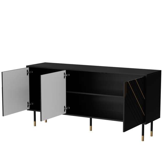 Skjenk MOUNTAIN 150x72cm - svart matt - gul detaljer - 3 dører