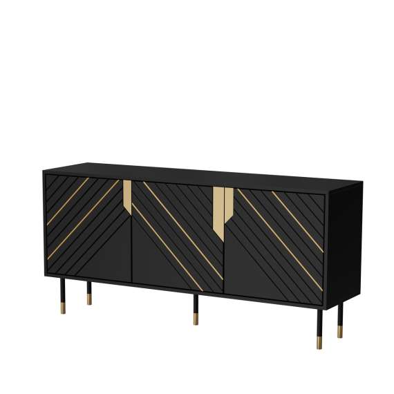 Skjenk MOUNTAIN 150x72cm - svart matt - gul detaljer - 3 dører