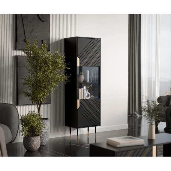 Vitrineskap MOUNTAIN 54x180cm - svart matt - gul detaljer - 1 dør