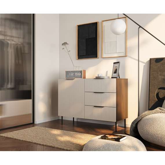 Skjenk Almera 104x75cm - valnøtt - cashmere - 1 dør - 3 skuffer