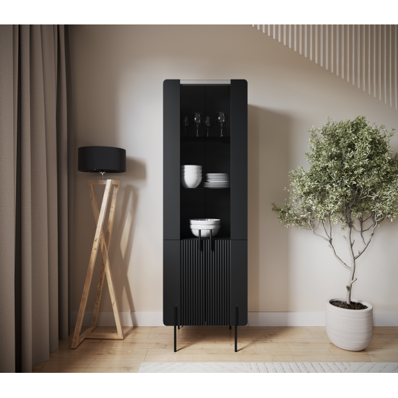 Vitrineskap Malmi - 60x190 cm - sort - 4 dører