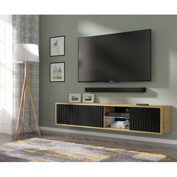Vegghengt tv-benk Mita 156 cm - eik artisan - svart matt