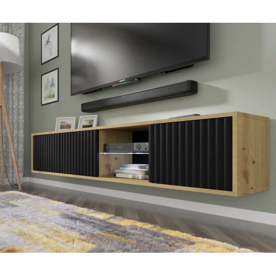 Vegghengt tv-benk Mita 156 cm - eik artisan - svart matt